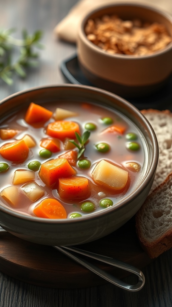 Bowl of homemade vegetable soup with carrots, peas, and potatoes, served with bread.