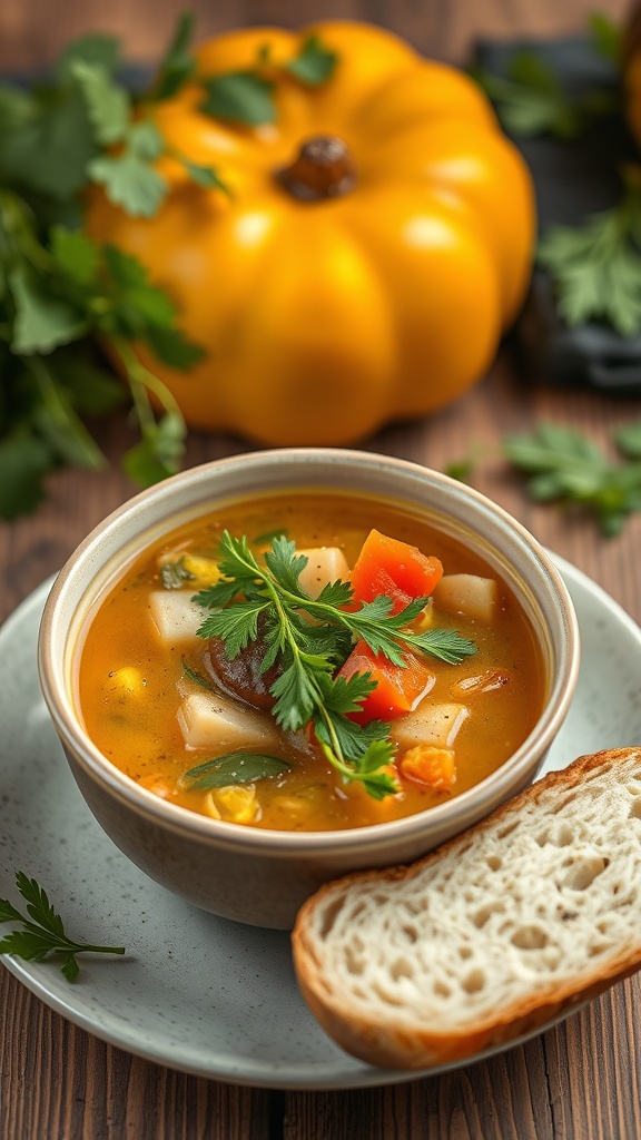 A bowl of homemade vegetable soup with colorful vegetables and a slice of bread on the side.