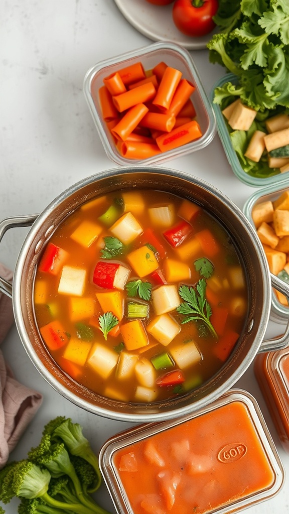 A pot of colorful homemade vegetable soup surrounded by fresh vegetables and containers of prepared ingredients.