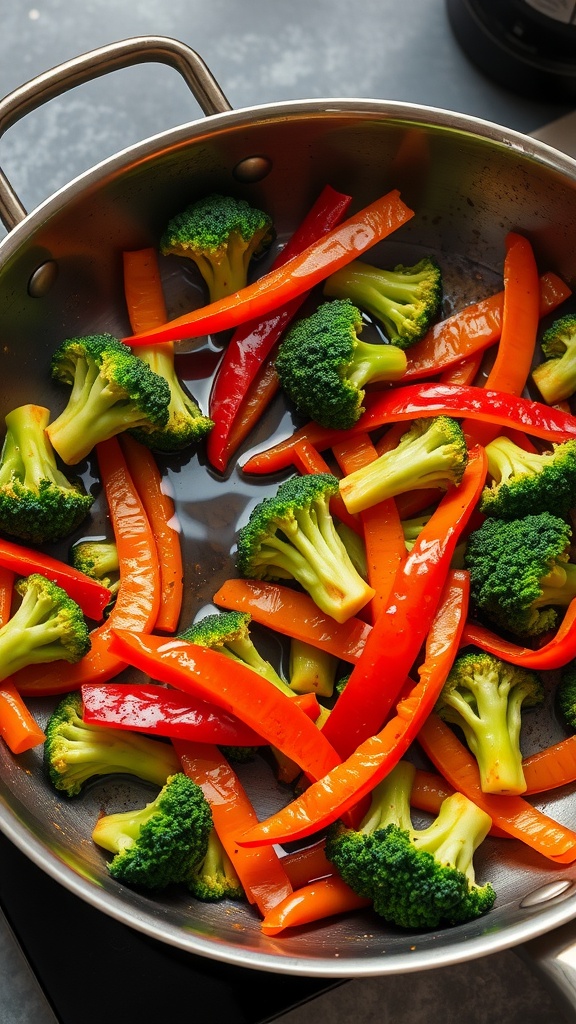 A vibrant homemade vegetable stir-fry with broccoli and bell peppers.