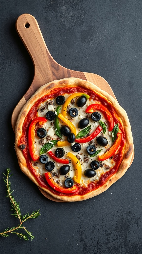 A homemade veggie pizza topped with colorful bell peppers and olives, placed on a wooden pizza peel.