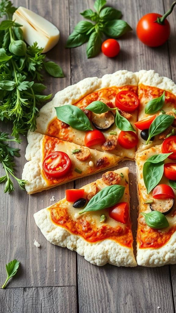 Homemade veggie pizza on a cauliflower crust with fresh toppings