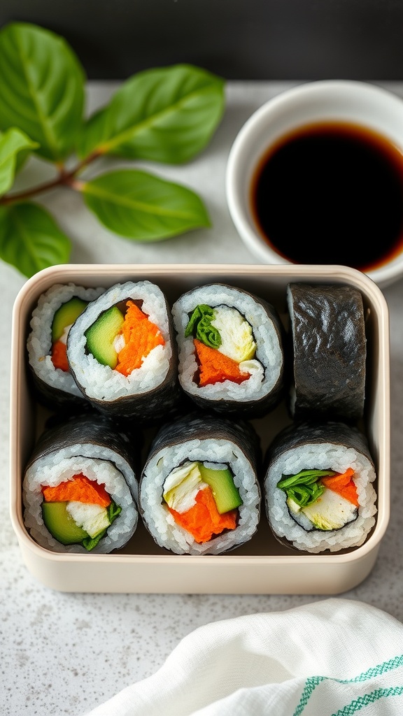A lunchbox filled with homemade veggie sushi rolls, featuring colorful vegetables like cucumber, carrot, and avocado, with a small bowl of soy sauce.
