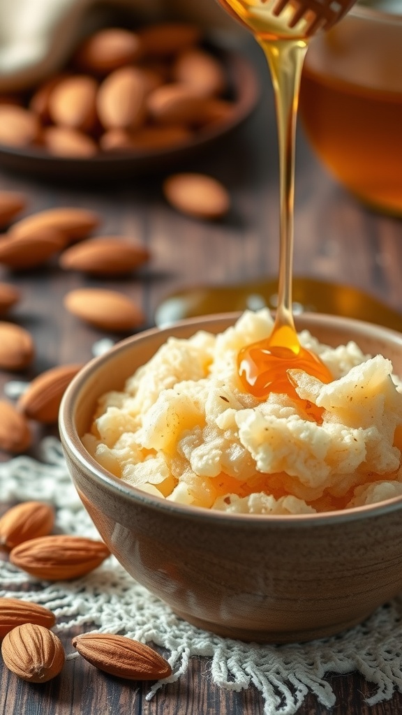 A bowl of exfoliating scrub with honey drizzling into it, surrounded by almonds.