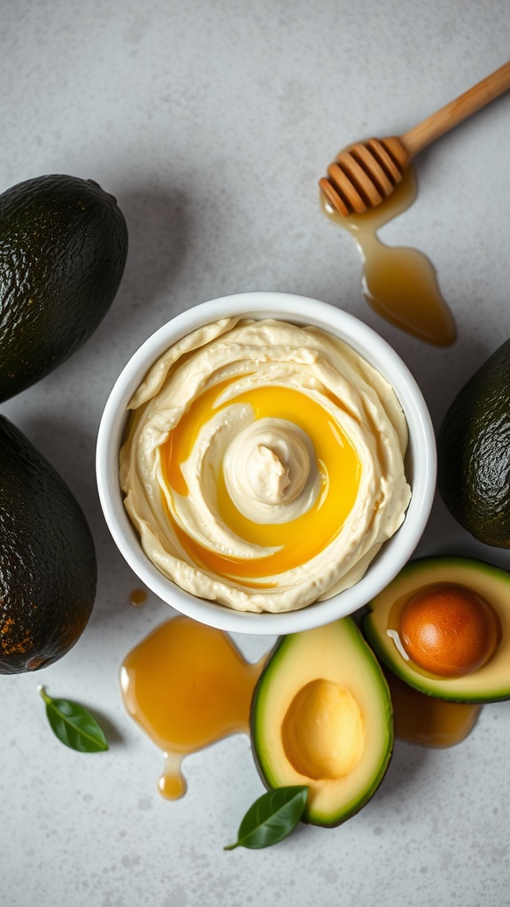 A bowl of creamy honey and avocado face mask surrounded by ripe avocados and honey drizzles.