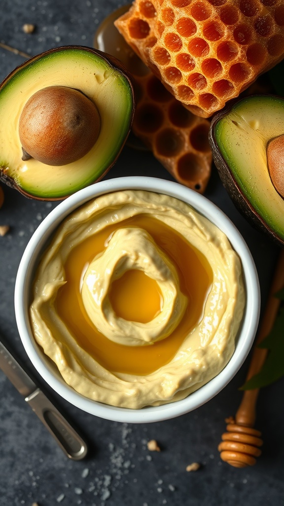 A bowl of honey and avocado face mask surrounded by avocado halves and honeycomb