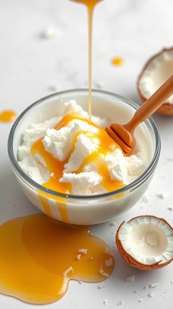 A bowl of coconut milk and honey scrub with a wooden spoon, surrounded by coconut shells