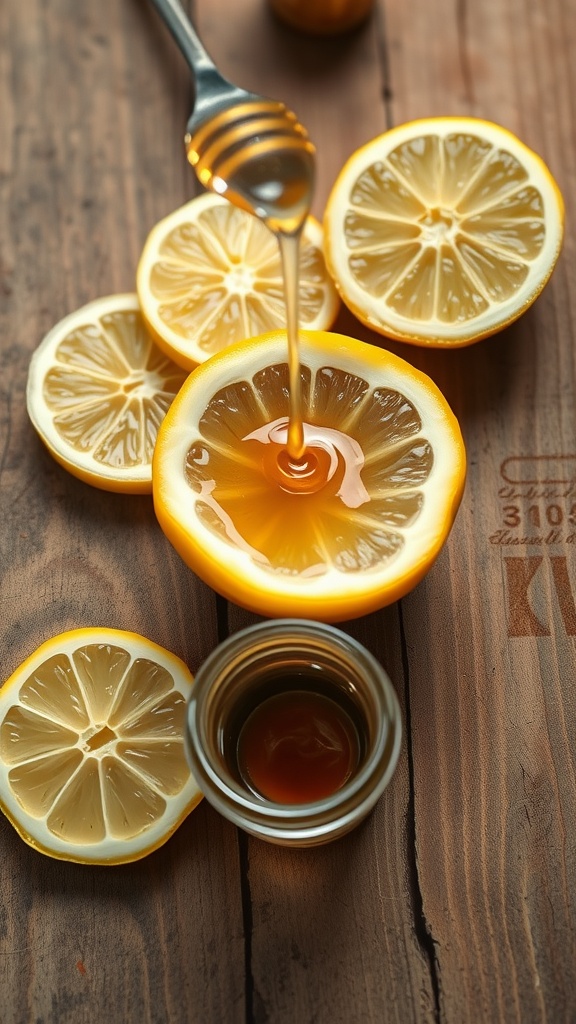 A spoon drizzling honey over lemon slices on a wooden surface