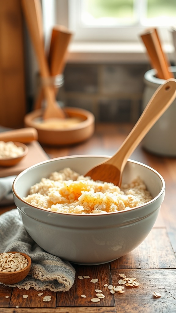 A bowl of honey and oatmeal exfoliating scrub with a wooden spoon, surrounded by oats and kitchen utensils.