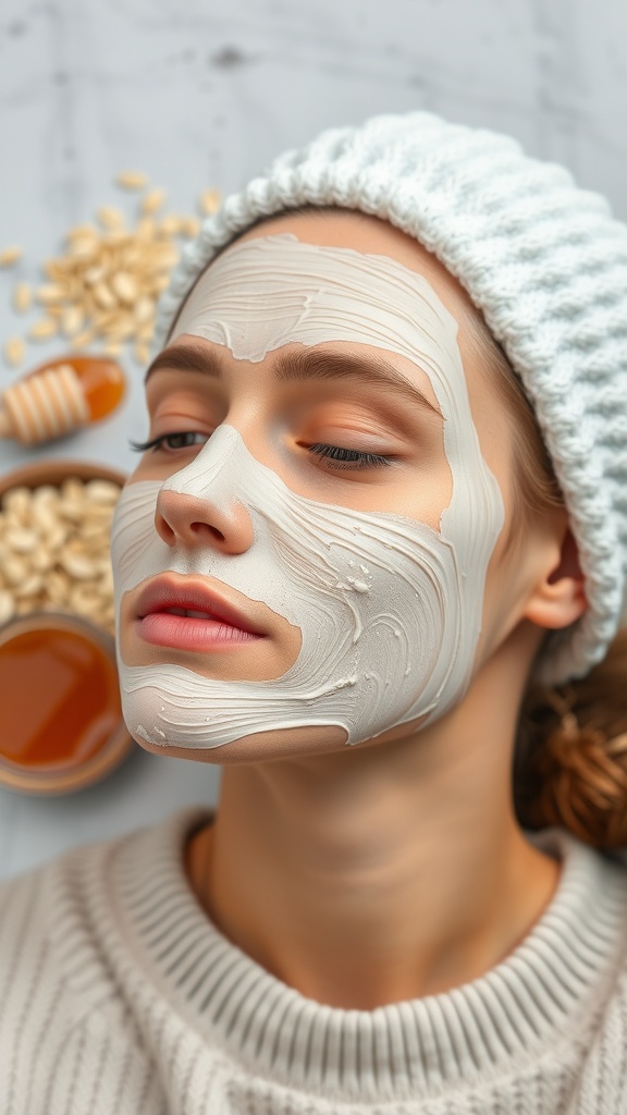 Person applying a honey and oatmeal face mask with ingredients like honey, oatmeal, and a cozy sweater in the background.