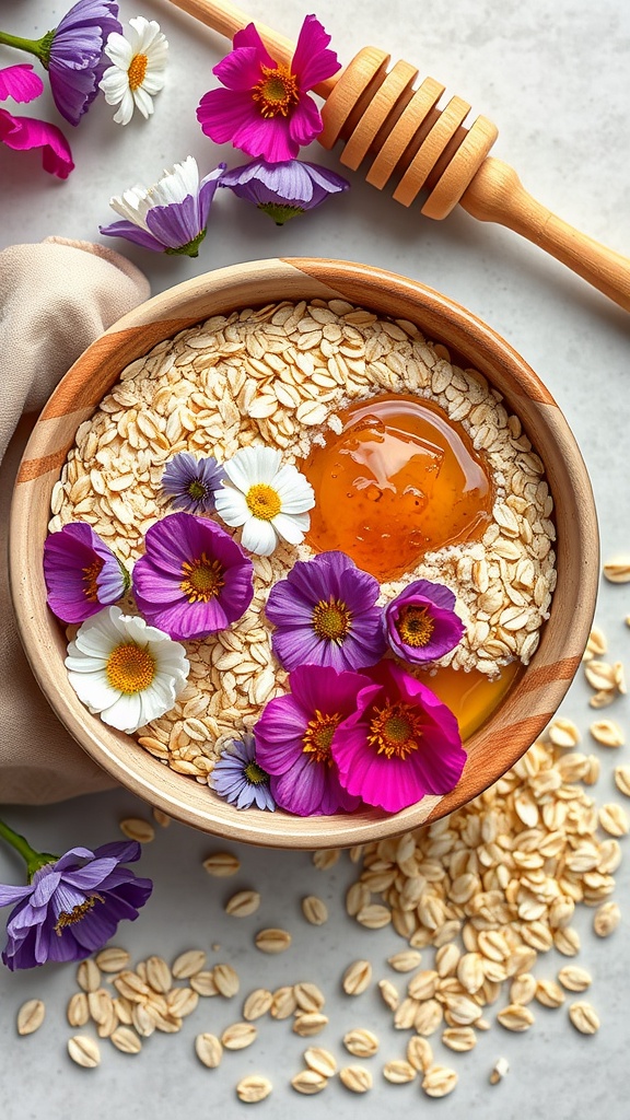 A bowl of oats mixed with honey, adorned with colorful flowers and a wooden honey dipper.