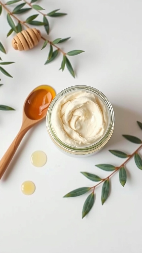 A glass jar of creamy honey and tea tree oil face mask with a wooden spoon, honey drizzles, and green leaves.