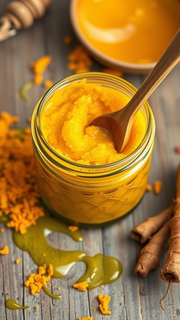 A jar of honey and turmeric face scrub with a wooden spoon, surrounded by turmeric roots and splashes of yellow.