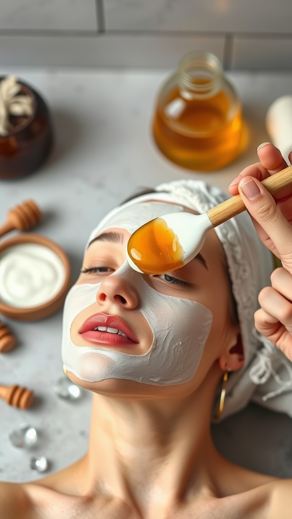 Person applying honey on their face with yogurt mask, showcasing a relaxing skincare routine.