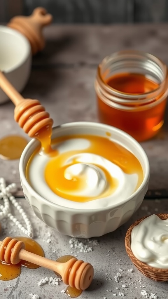 A bowl of honey and yogurt mixture with honey drizzling from a spoon