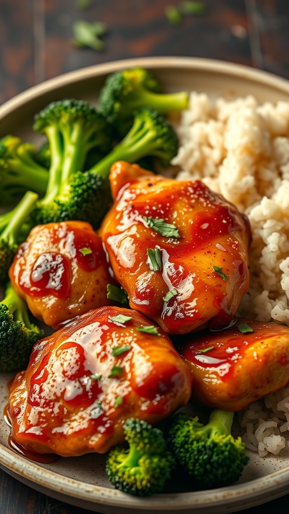 A delicious plate of honey garlic chicken served with broccoli and rice.