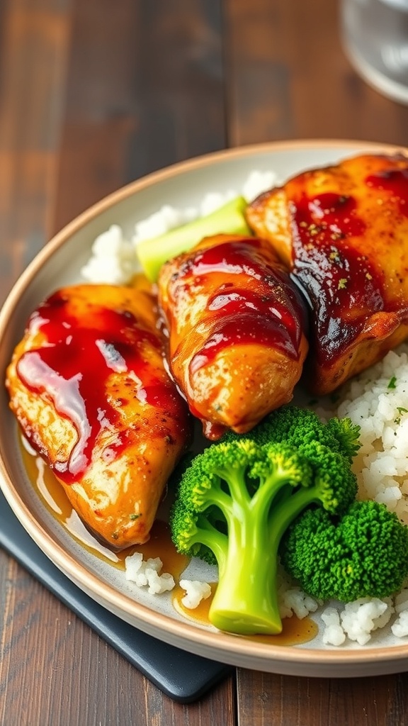 Honey garlic chicken thighs served with rice and broccoli