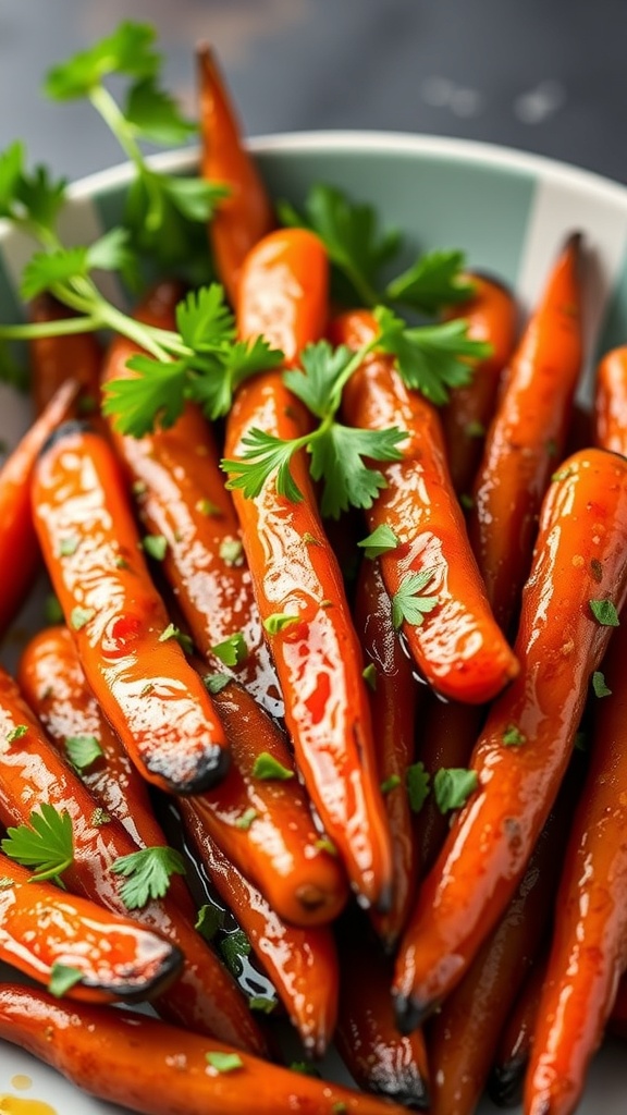 A bowl of honey garlic glazed carrots garnished with fresh herbs.