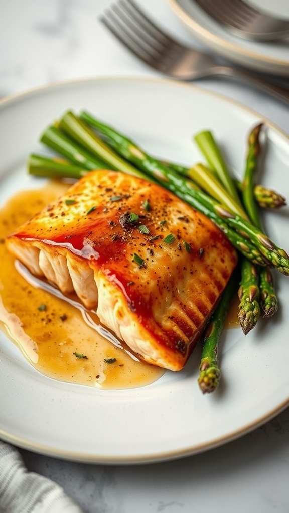 A delicious serving of honey garlic glazed salmon with asparagus on a plate.