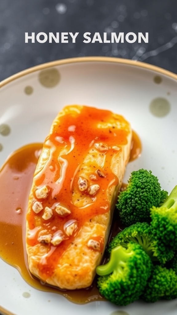 A plate of honey garlic glazed salmon with broccoli
