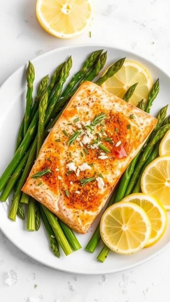 A plate of honey garlic salmon with asparagus and lemon slices