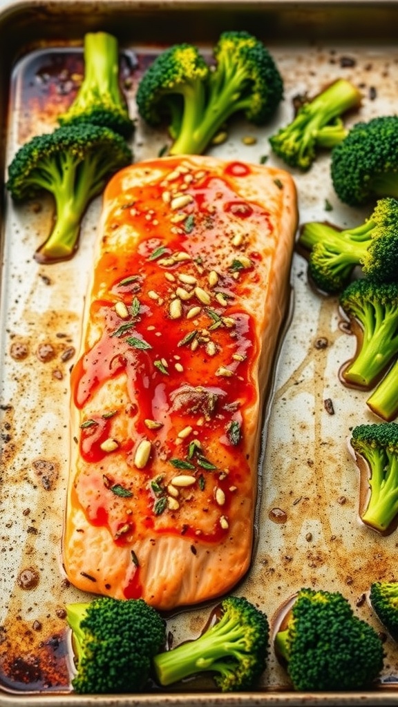 Honey garlic salmon fillet with broccoli on a baking sheet