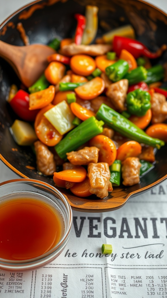 A bowl of honey garlic sauce next to a stir-fry dish.