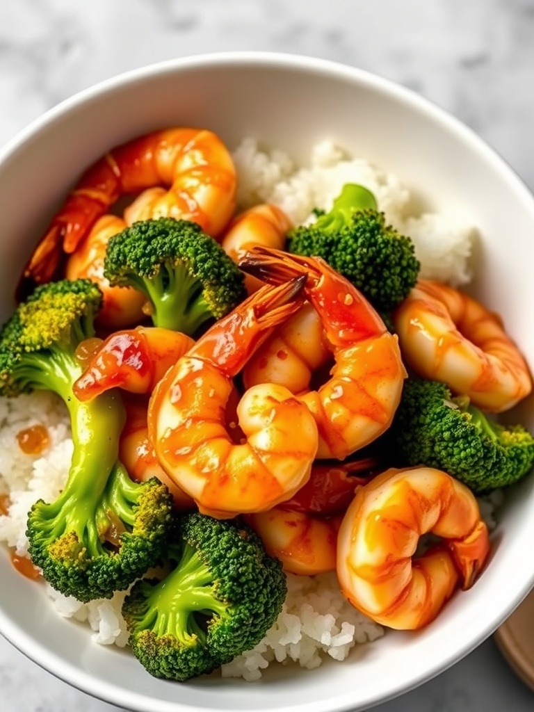 A bowl of honey garlic shrimp and broccoli served over rice.