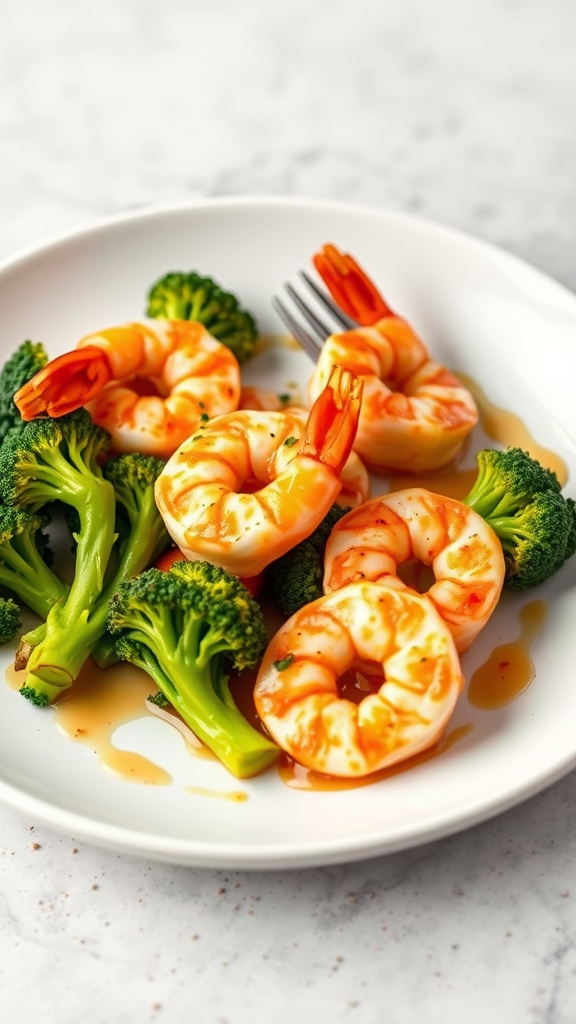 Plate of honey garlic shrimp with broccoli, showcasing vibrant colors and a delicious sauce.