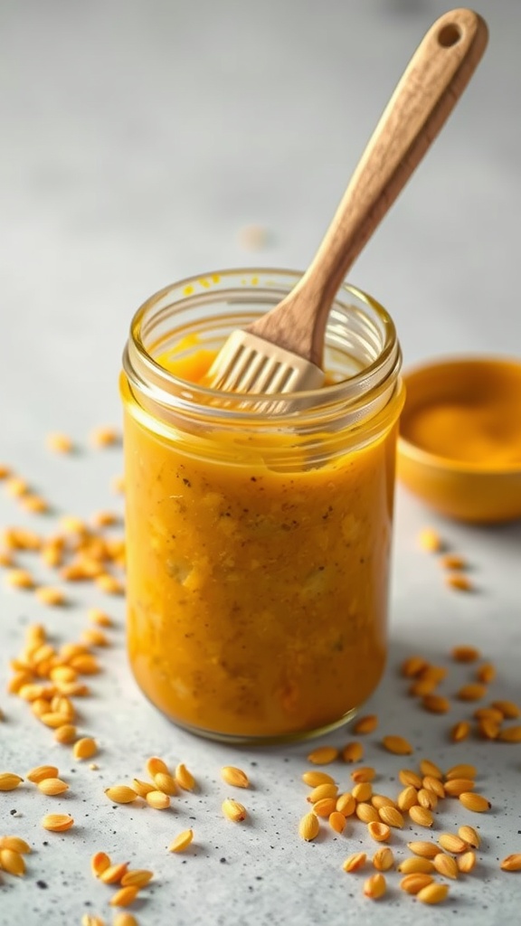 A jar of honey mustard glaze with a wooden brush
