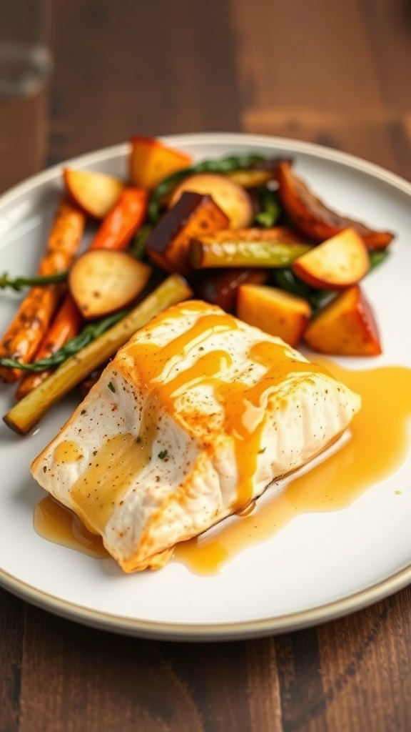 A plate of honey mustard glazed salmon served with colorful roasted vegetables.