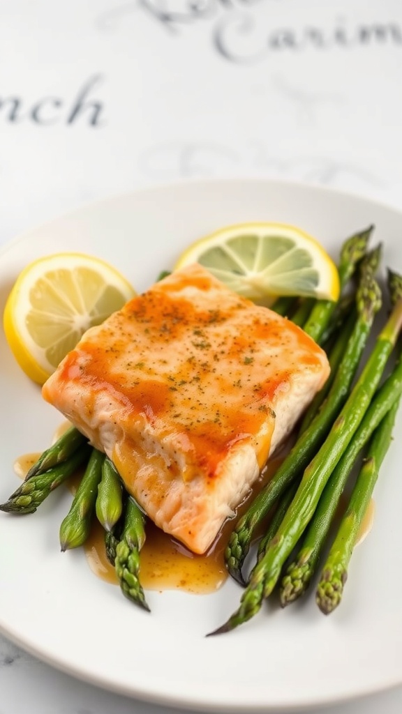 A plate of honey mustard glazed salmon with asparagus and lemon slices.