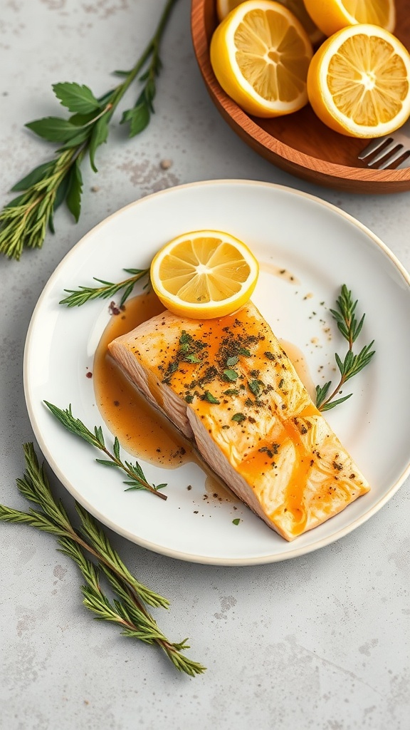 Honey mustard glazed salmon with lemon slices on a plate