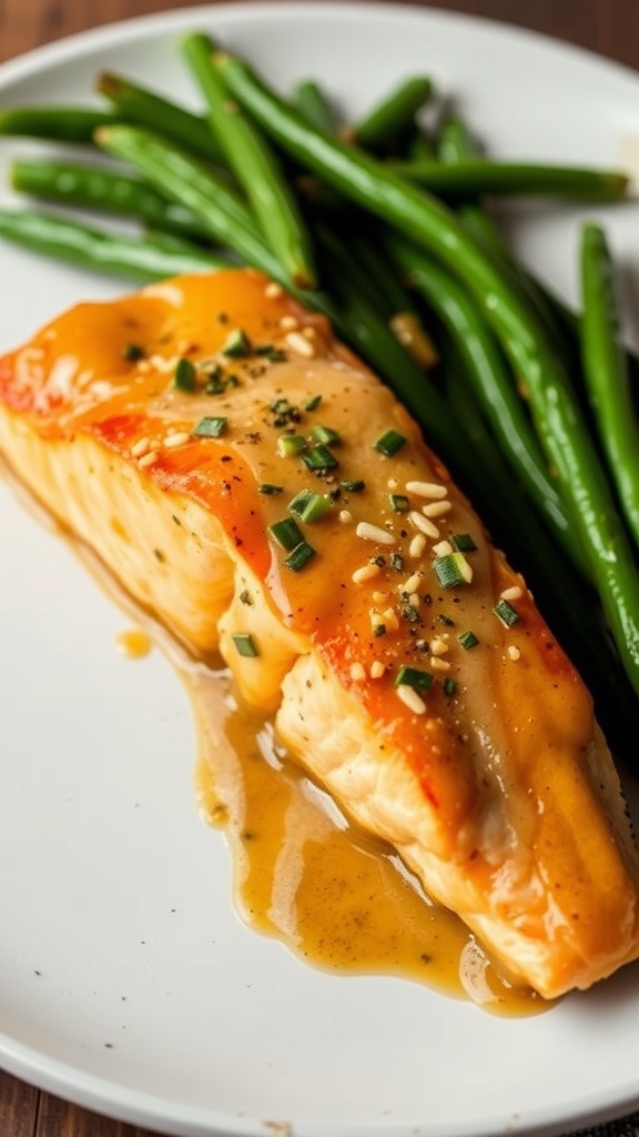 Honey mustard glazed salmon with green beans on a plate