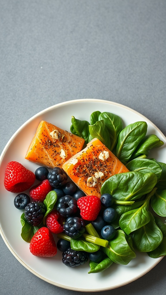 Healthy plate with salmon, spinach, and mixed berries
