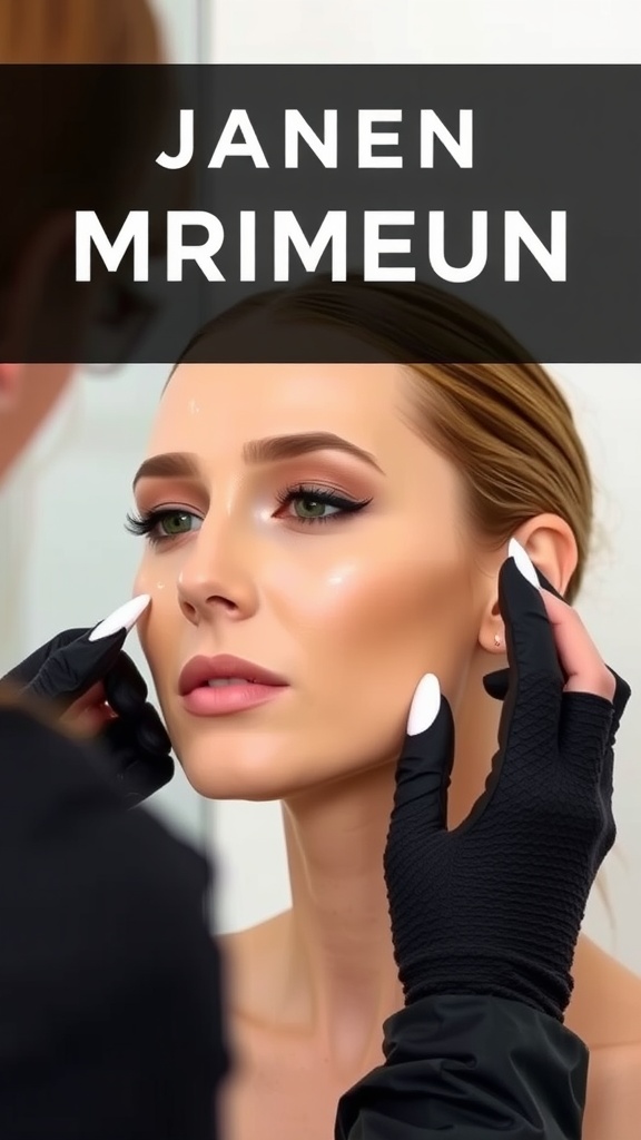A makeup artist applying makeup to a model's face to enhance appearance.