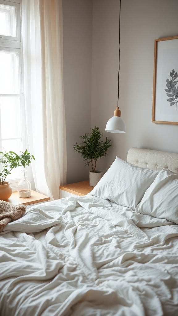 A cozy bedroom with soft bedding, a plant, and gentle lighting