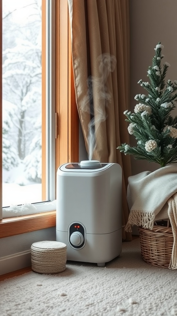 A humidifier releasing steam next to a window with snow outside and a small Christmas tree.
