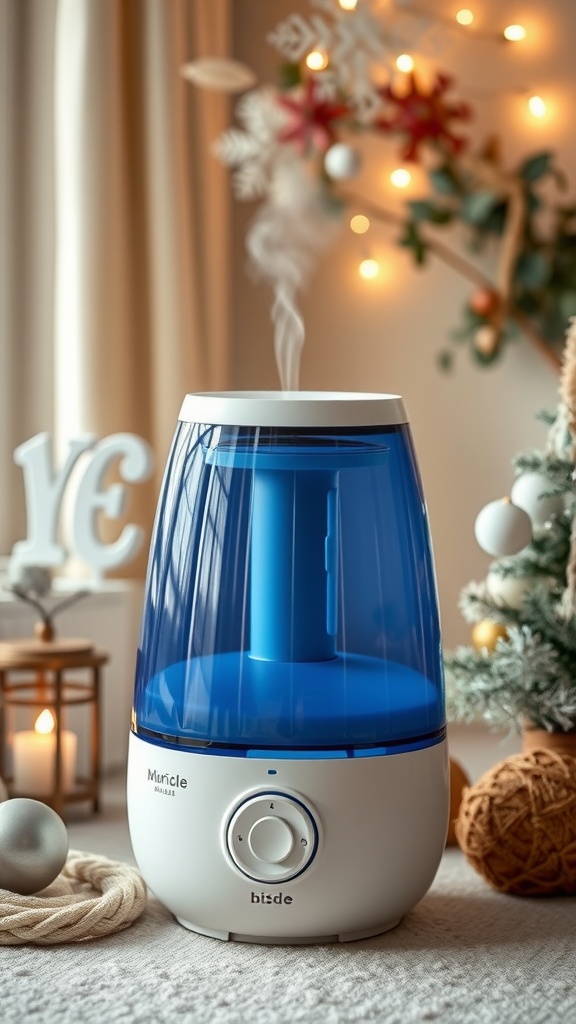 A stylish humidifier emitting steam in a cozy, decorated room