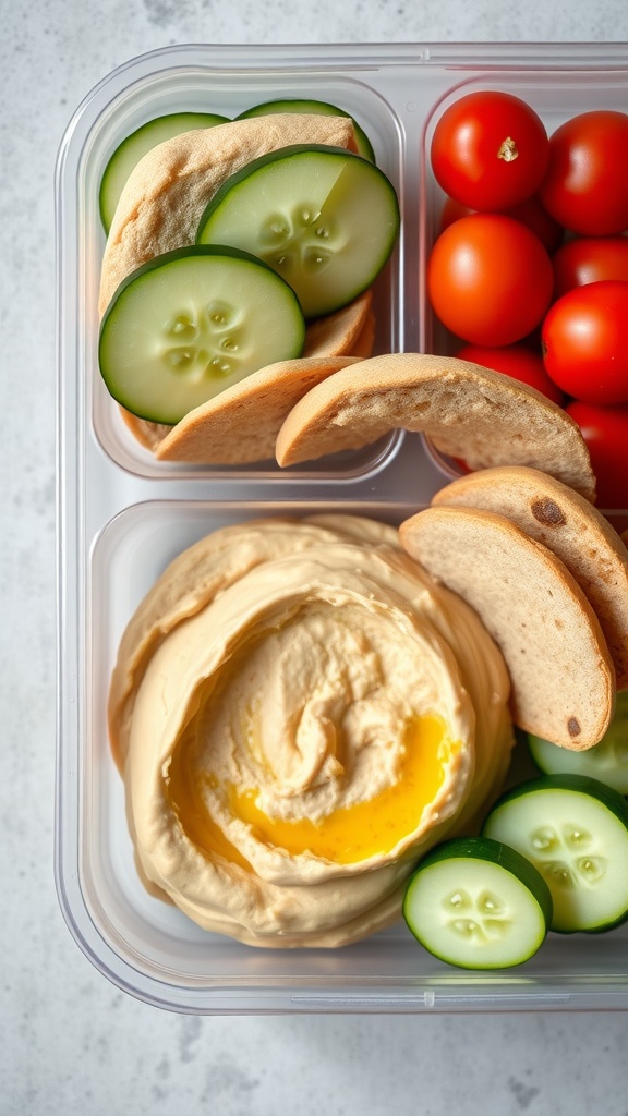 A colorful lunchbox with hummus, pita, cucumber slices, and cherry tomatoes.