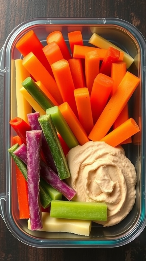 A healthy lunchbox with hummus and colorful veggie dippers.