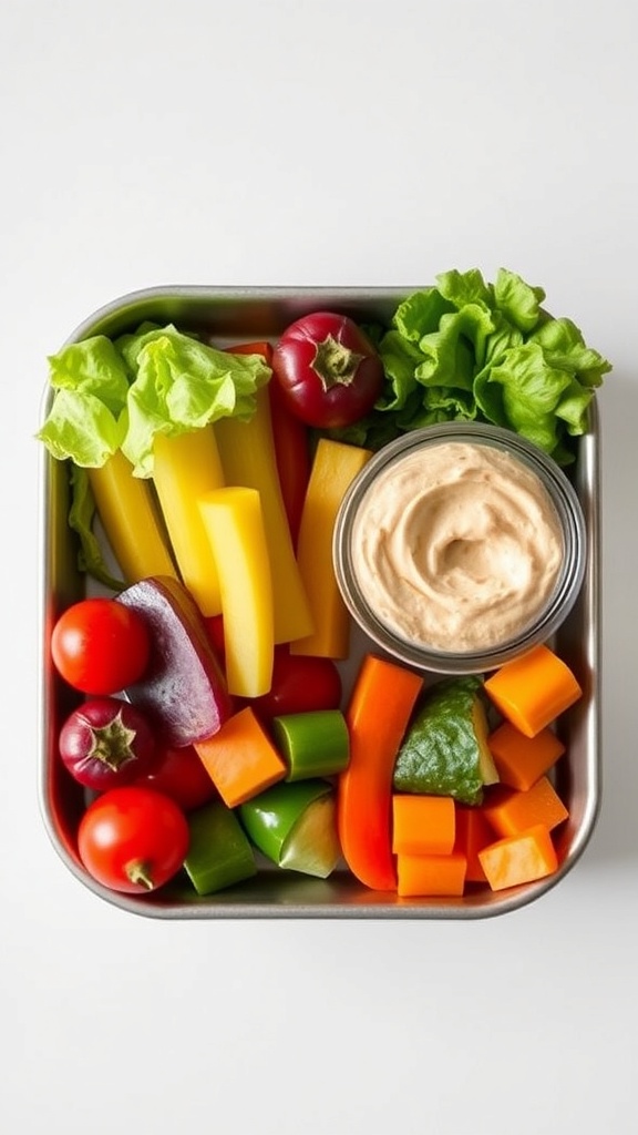 A lunchbox filled with colorful fresh vegetables and a container of hummus.