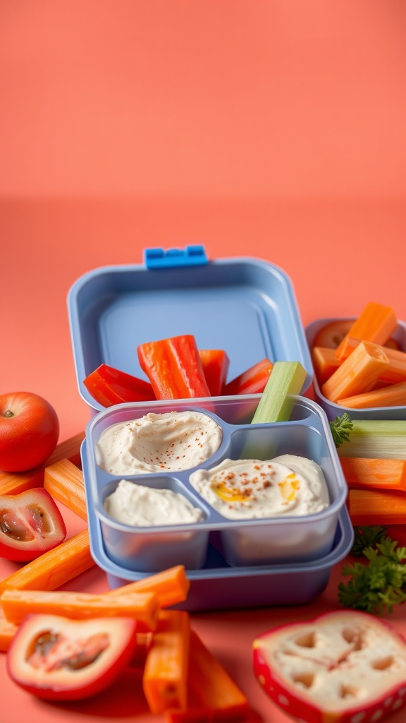 A healthy lunchbox featuring hummus and a variety of colorful veggie sticks.