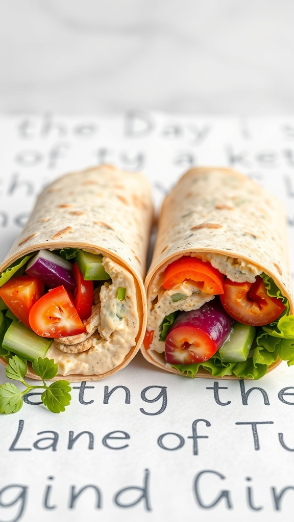 A close-up of two hummus and veggie wraps filled with colorful vegetables.