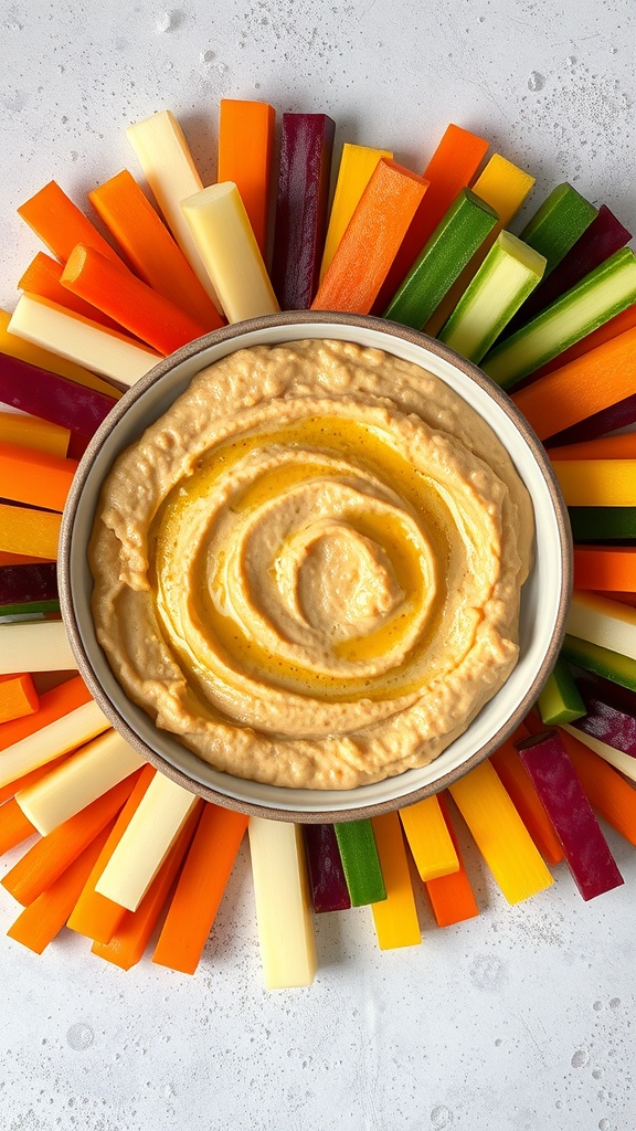 A bowl of hummus surrounded by colorful veggie sticks.