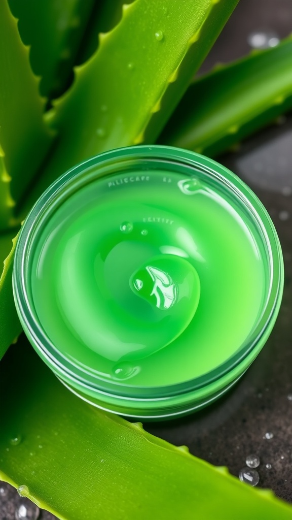 Aloe vera gel in a clear container with fresh aloe leaves in the background.