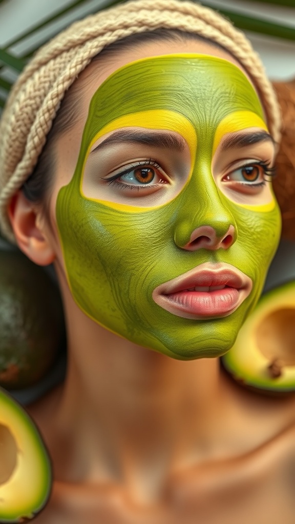 A person with a green avocado mask, surrounded by ripe avocados.