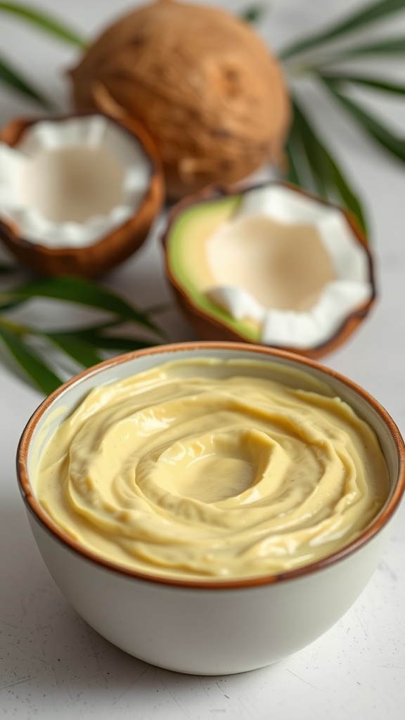 A bowl of creamy avocado and coconut oil treatment with halved coconuts in the background.