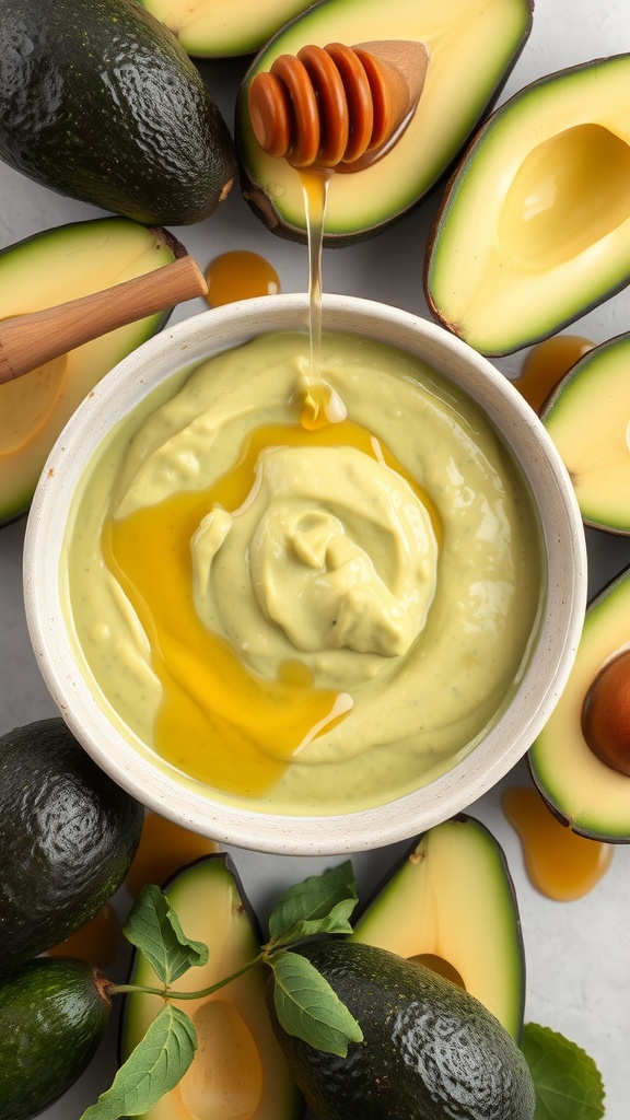 A bowl of creamy avocado and honey mixture surrounded by halved avocados and dripping honey.