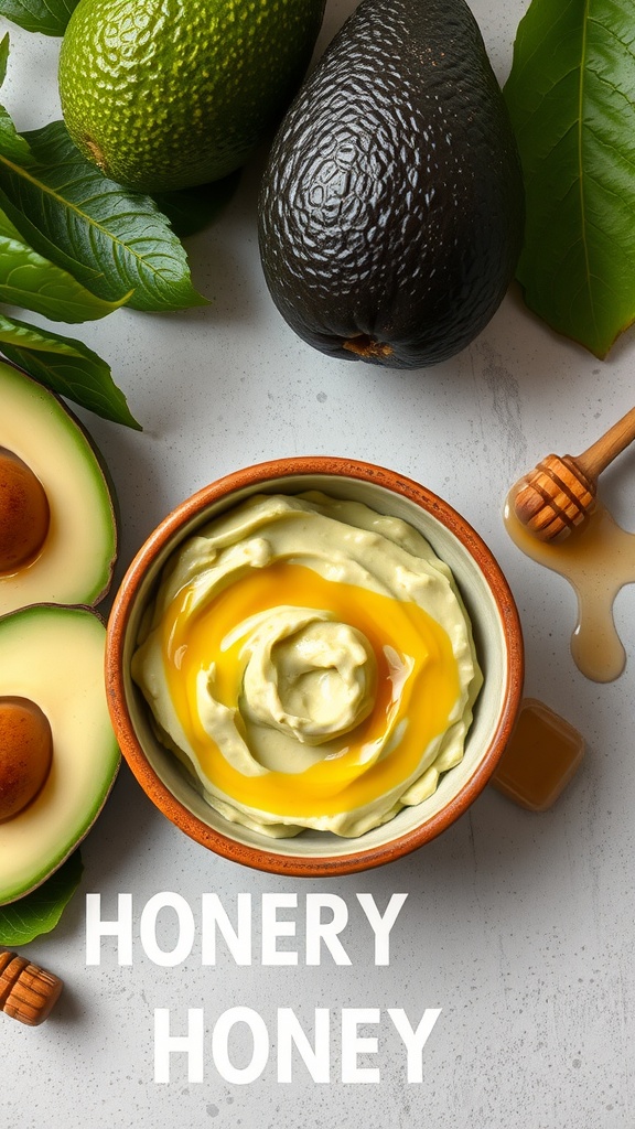 Ingredients for a hydrating avocado and honey cream, including avocados, honey, and egg yolk.